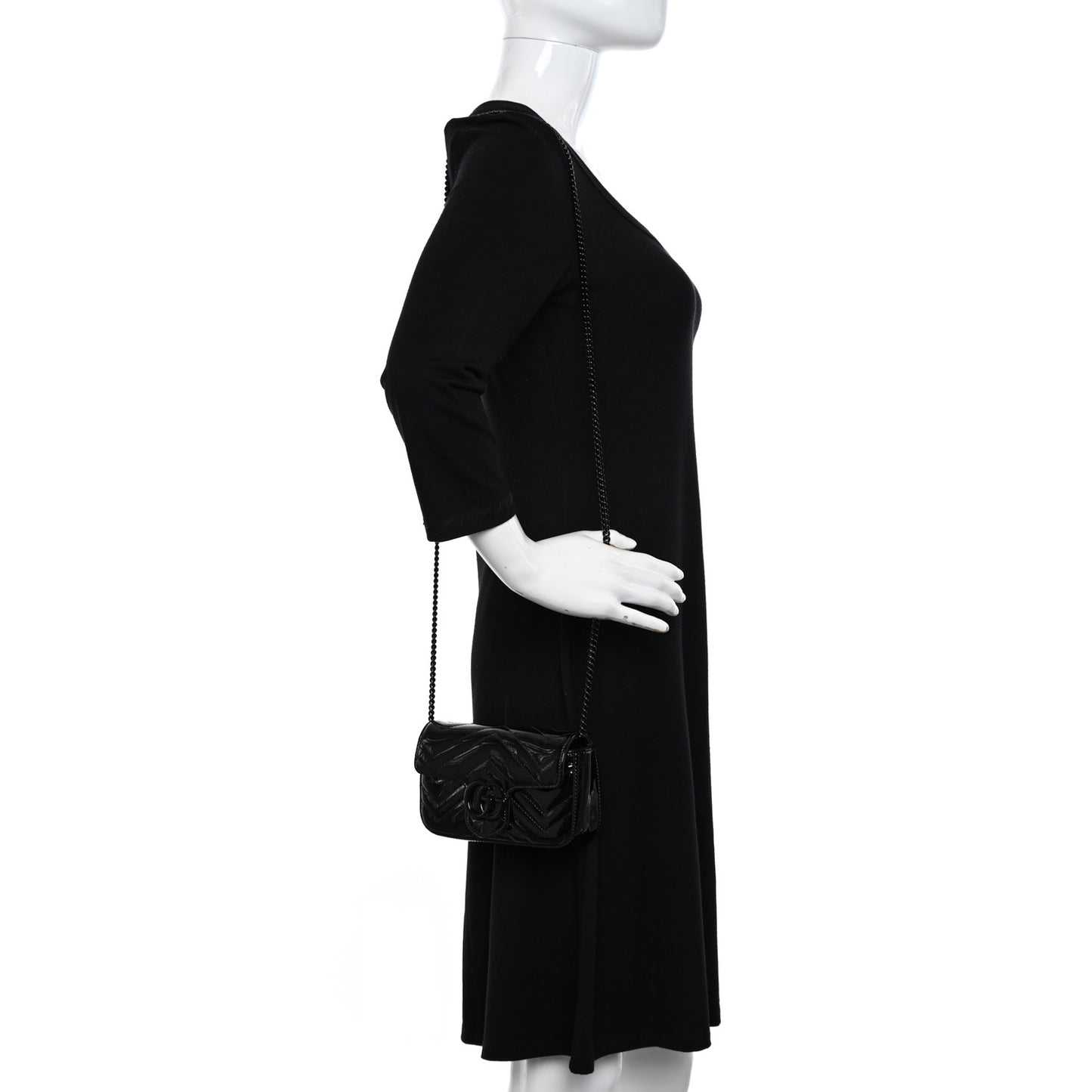 Patent Lambskin Enamel Matelasse Monochrome Super Mini GG Marmont Shoulder Bag Black
