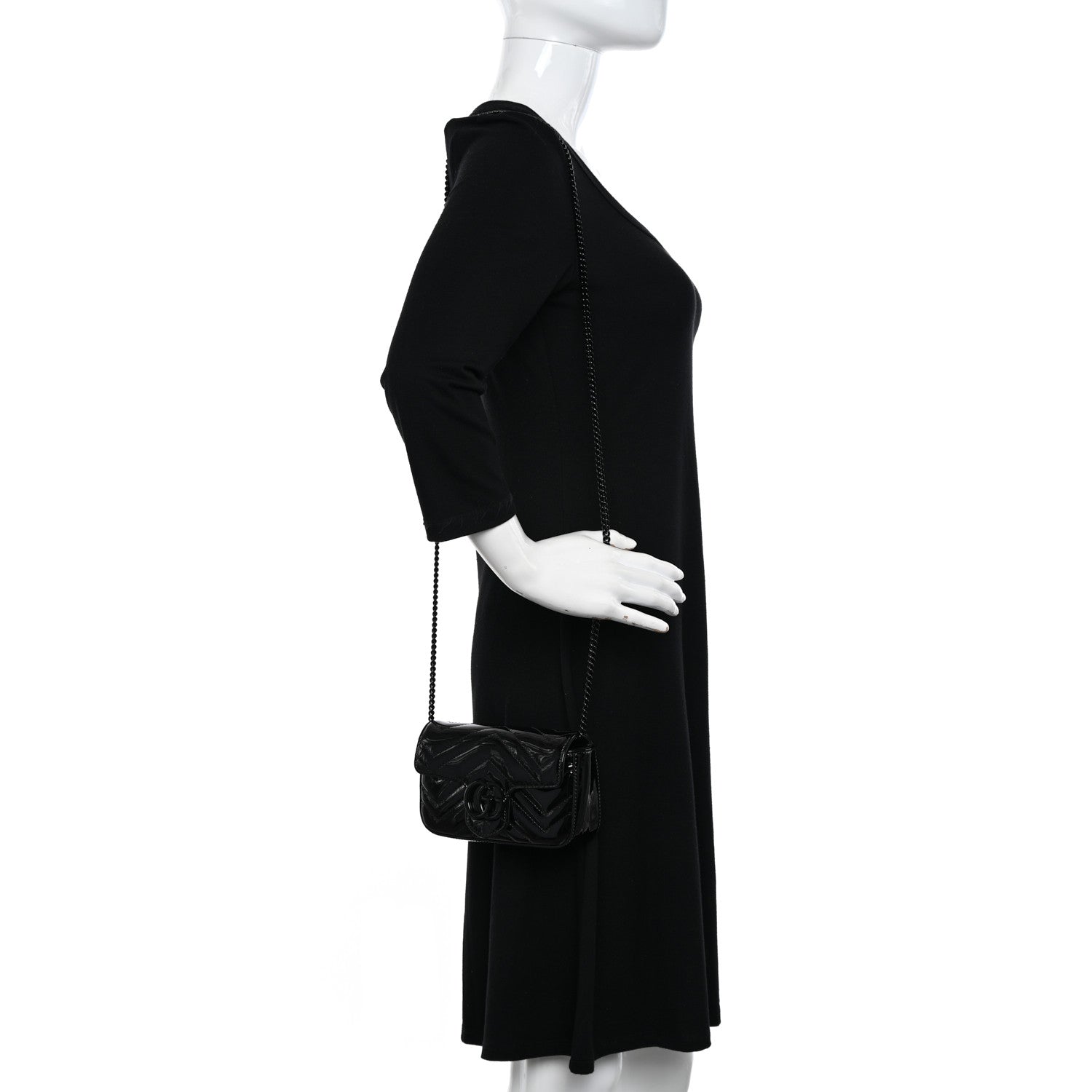 Gucci Patent Lambskin Enamel Matelasse Monochrome Super Mini GG Marmont Shoulder Bag Black 2 of 9
