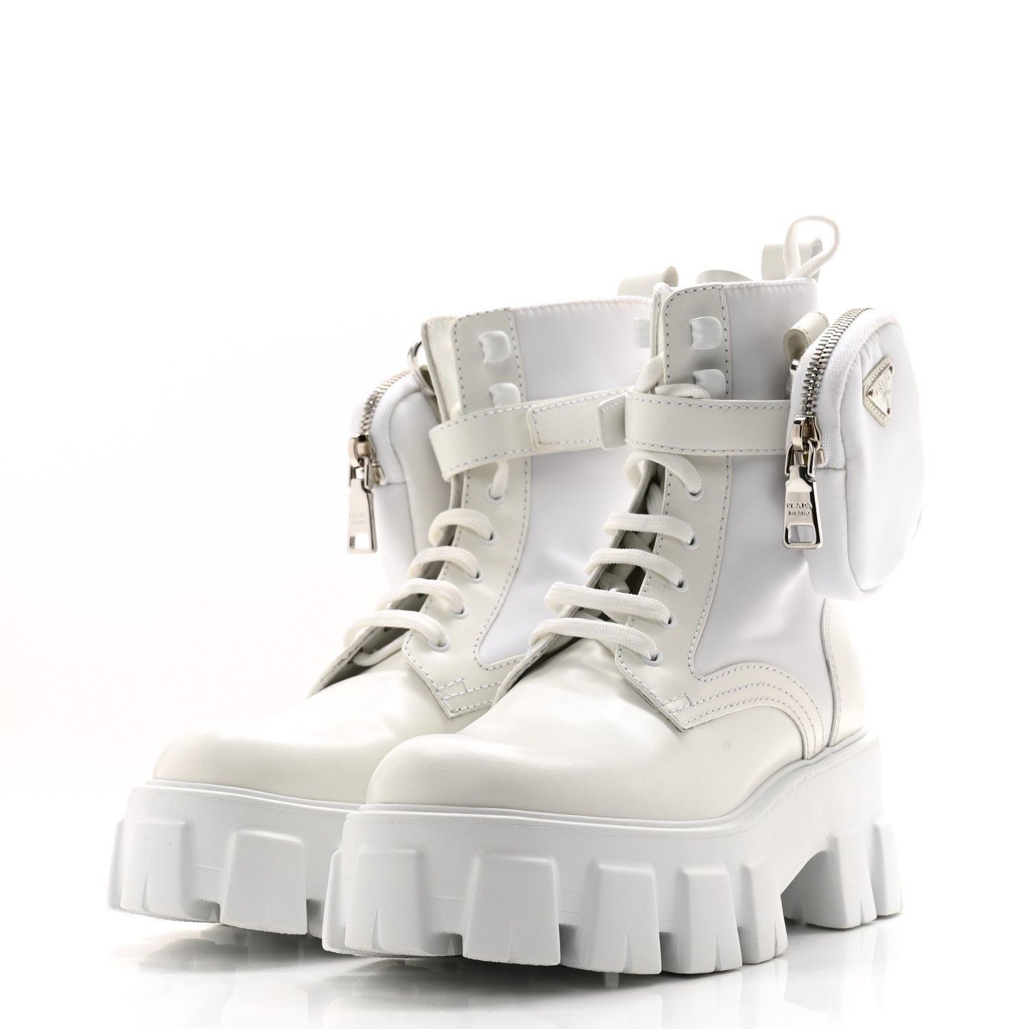 Prada Spazzolato Rois Re-Nylon Metal Triangle Logo Monolith Pouch Pocket 60mm Combat Boots 35.5 White 3 of 10