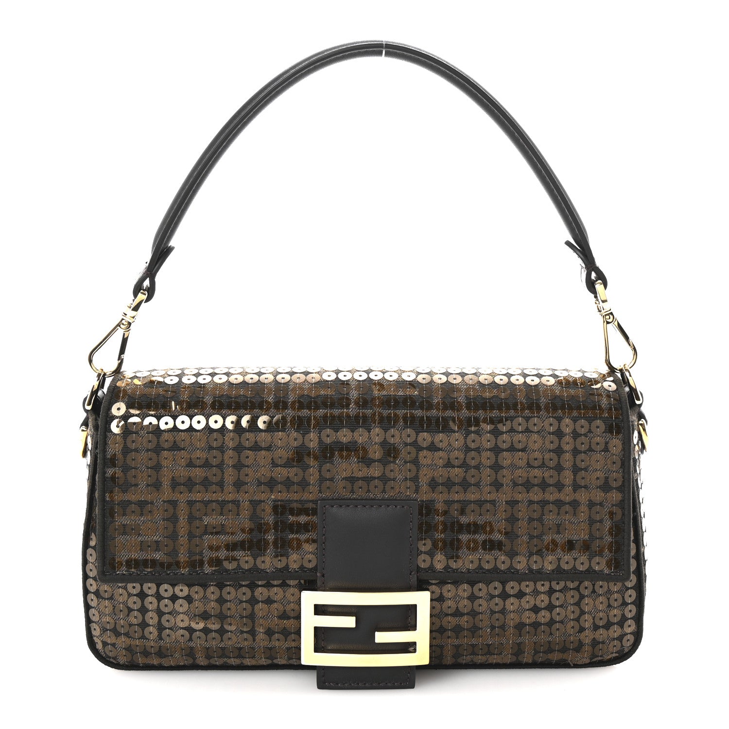 Fendi Fabric Jacquard Paillettes Vitello Seta FF 1974 Baguette Testa di Moro Real Ebano 1 of 9