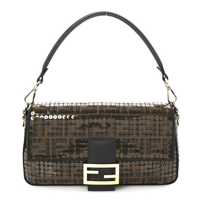 Fendi Fabric Jacquard Paillettes Vitello Seta FF 1974 Baguette Testa di Moro Real Ebano 1 of 9