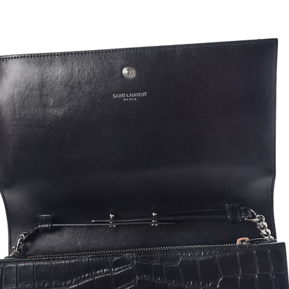 Saint Laurent Calfskin Crocodile Embossed Monogram Chain Wallet Black 10 of 11