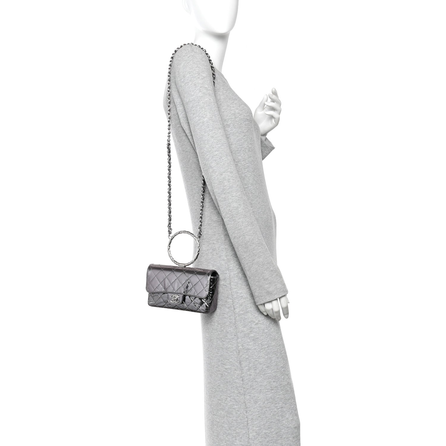 Chanel Crumpled Metallic Calfskin Quilted Ring Handle Mini Flap Silver 2 of 10
