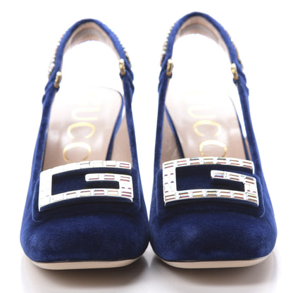 Gucci Velvet Crystal Square G Madelyn Slingbacks 40 Cobalt Blue 2 of 11