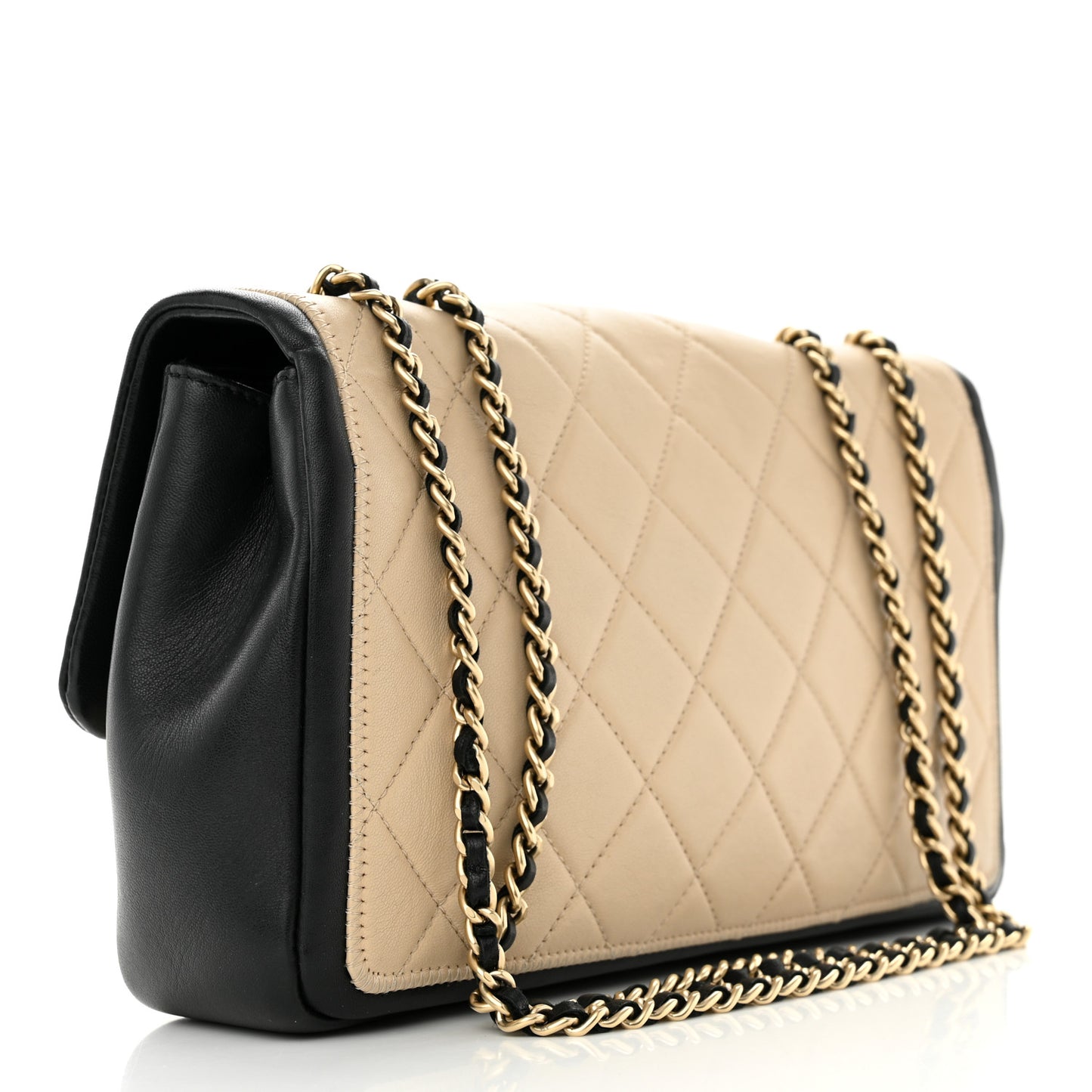 Calfskin Quilted Medium Graphic Flap Beige Black