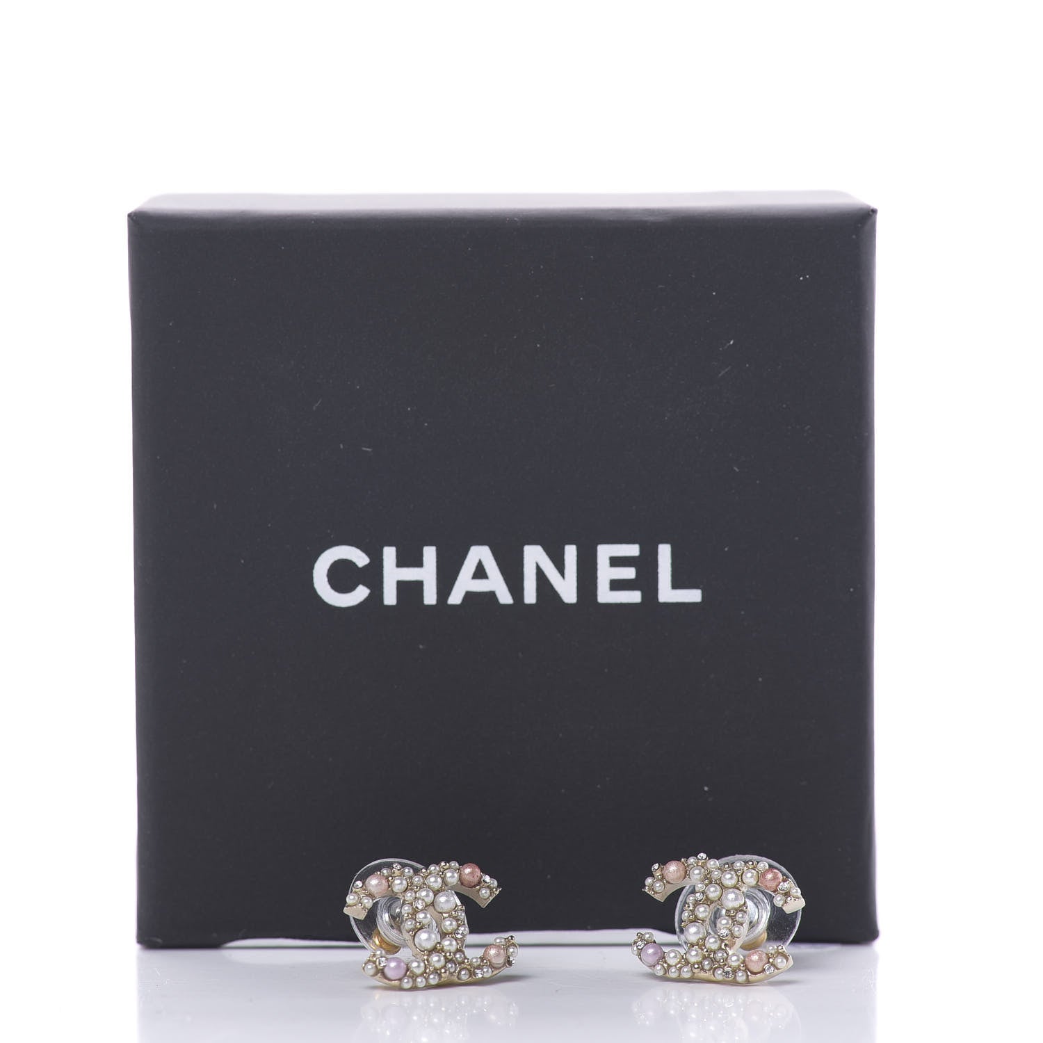 Chanel Pearl Crystal CC Charms Stud Earrings Light Gold Pink 5 of 5