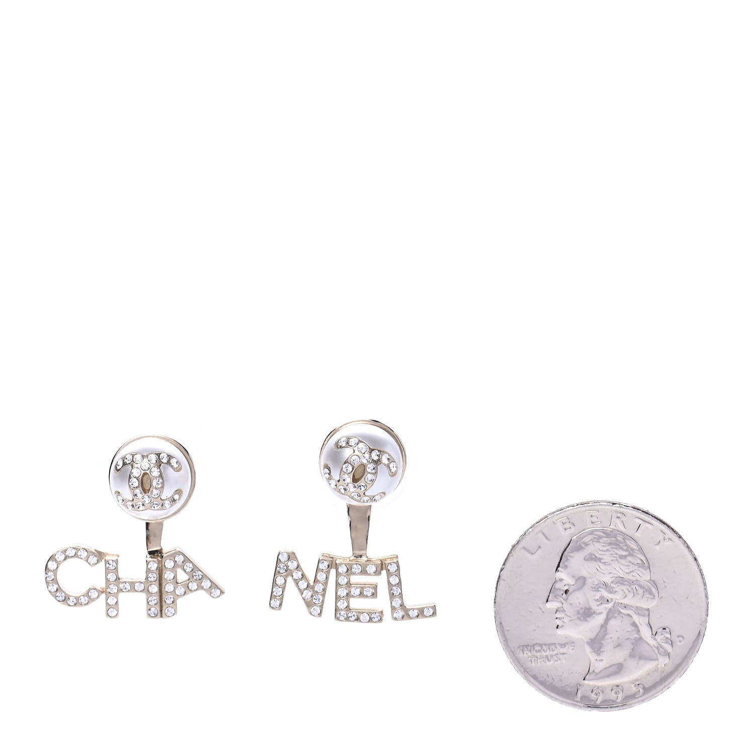 Chanel Pearl Crystal Logo Earrings Gold Pearly White 2 of 4