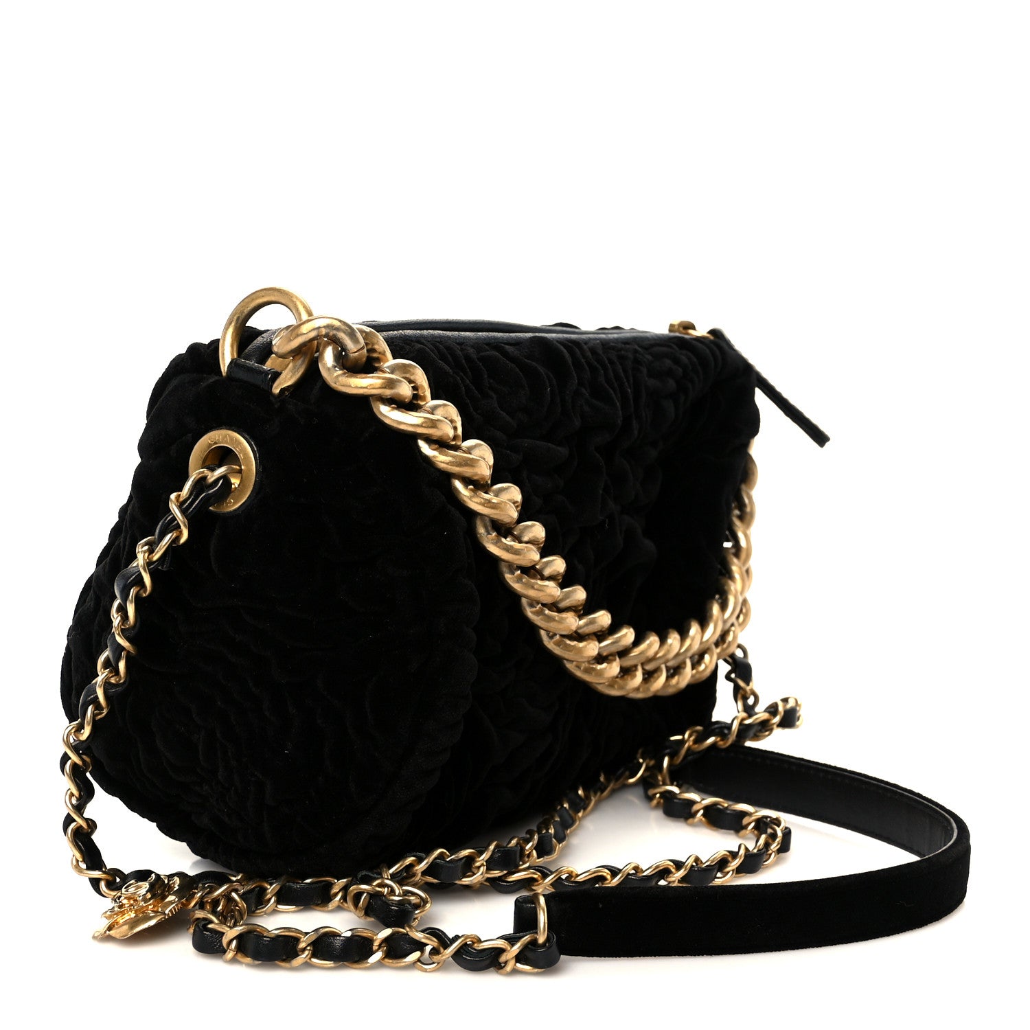 Chanel Velvet Camellia Embossed Barrel Clutch With Chain Black
