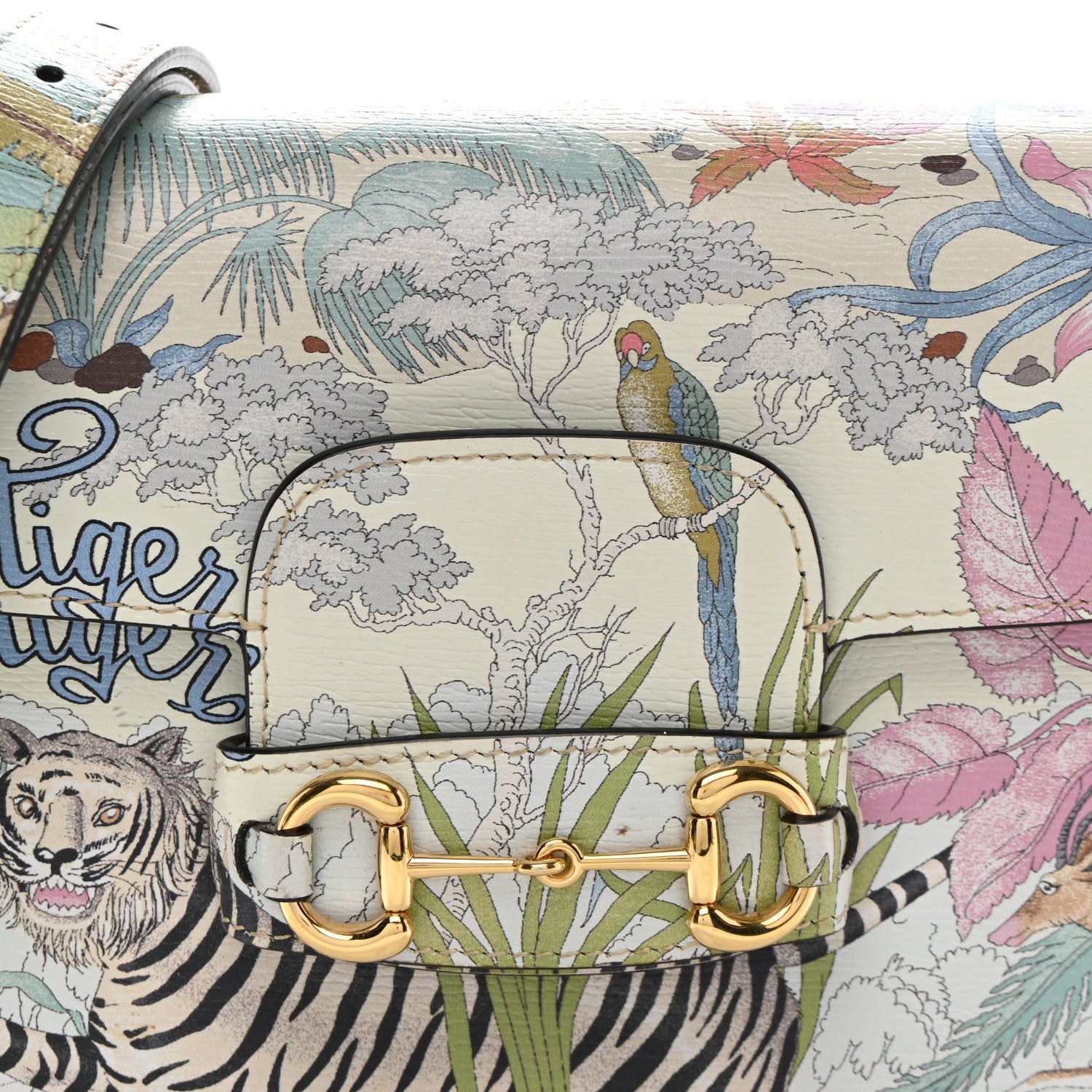 Gucci New Shangai Calfskin Tiger Savanah Web Mini Horsebit 1955 Shoulder Bag Chalky White Multicolor 8 of 10
