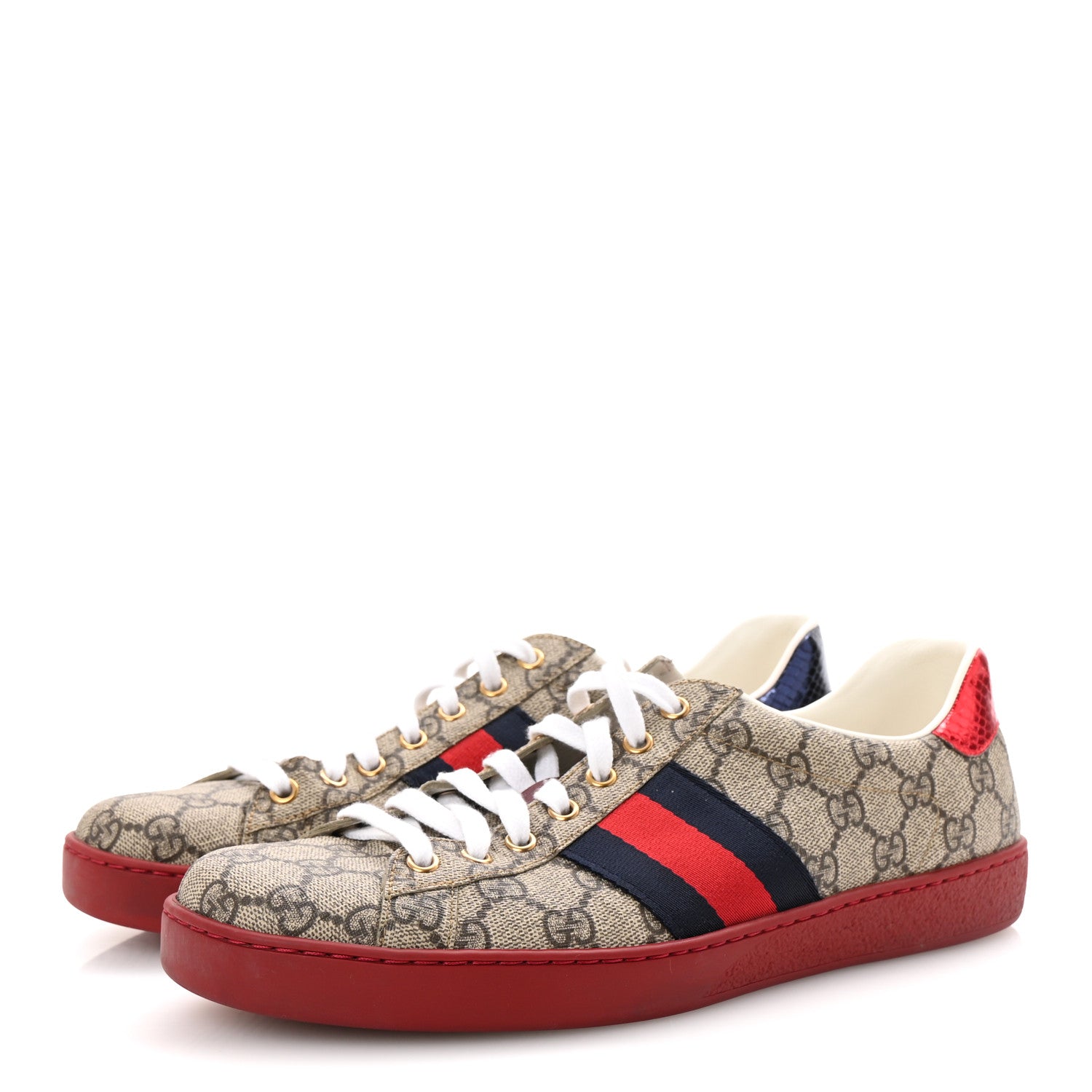 Gucci GG Supreme Monogram Ayers Web Mens New Ace Sneakers  9 Beige Ebony Red 4 of 9