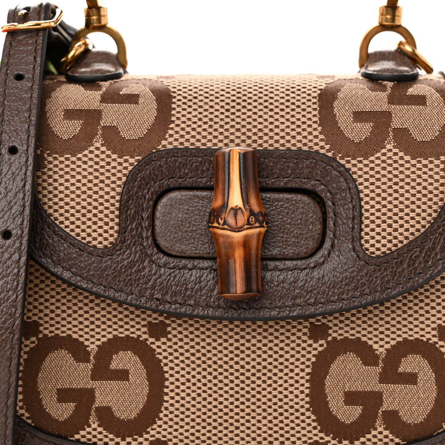 Monogram Jumbo GG Textured Dollar Calfskin Web Mini Bamboo 1947 Top Handle Bag Camel Ebony New Acero