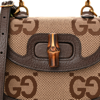 Gucci Monogram Jumbo GG Textured Dollar Calfskin Web Mini Bamboo 1947 Top Handle Bag Camel Ebony New Acero 7 of 9