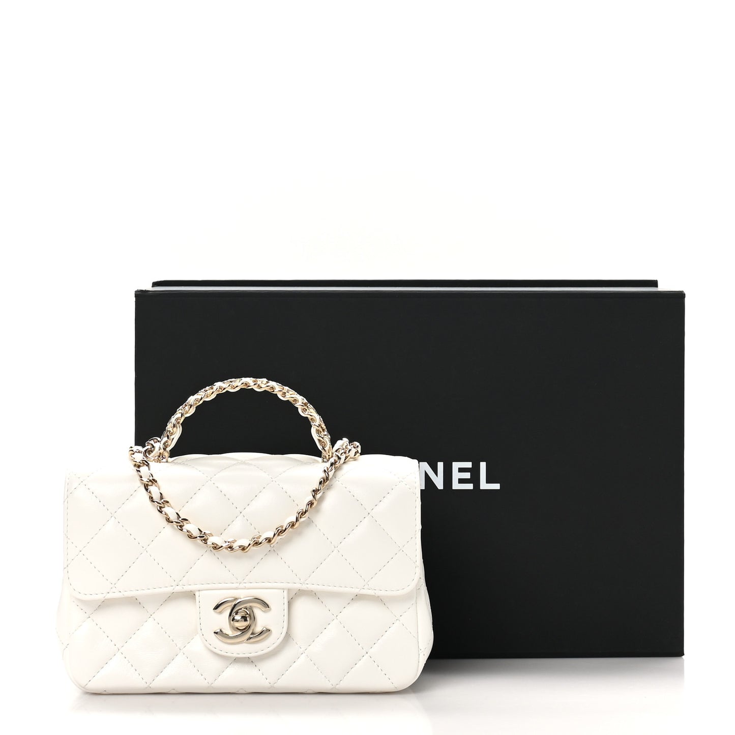 Lambskin Quilted Mini Crystal Top Handle Rectangular Flap White