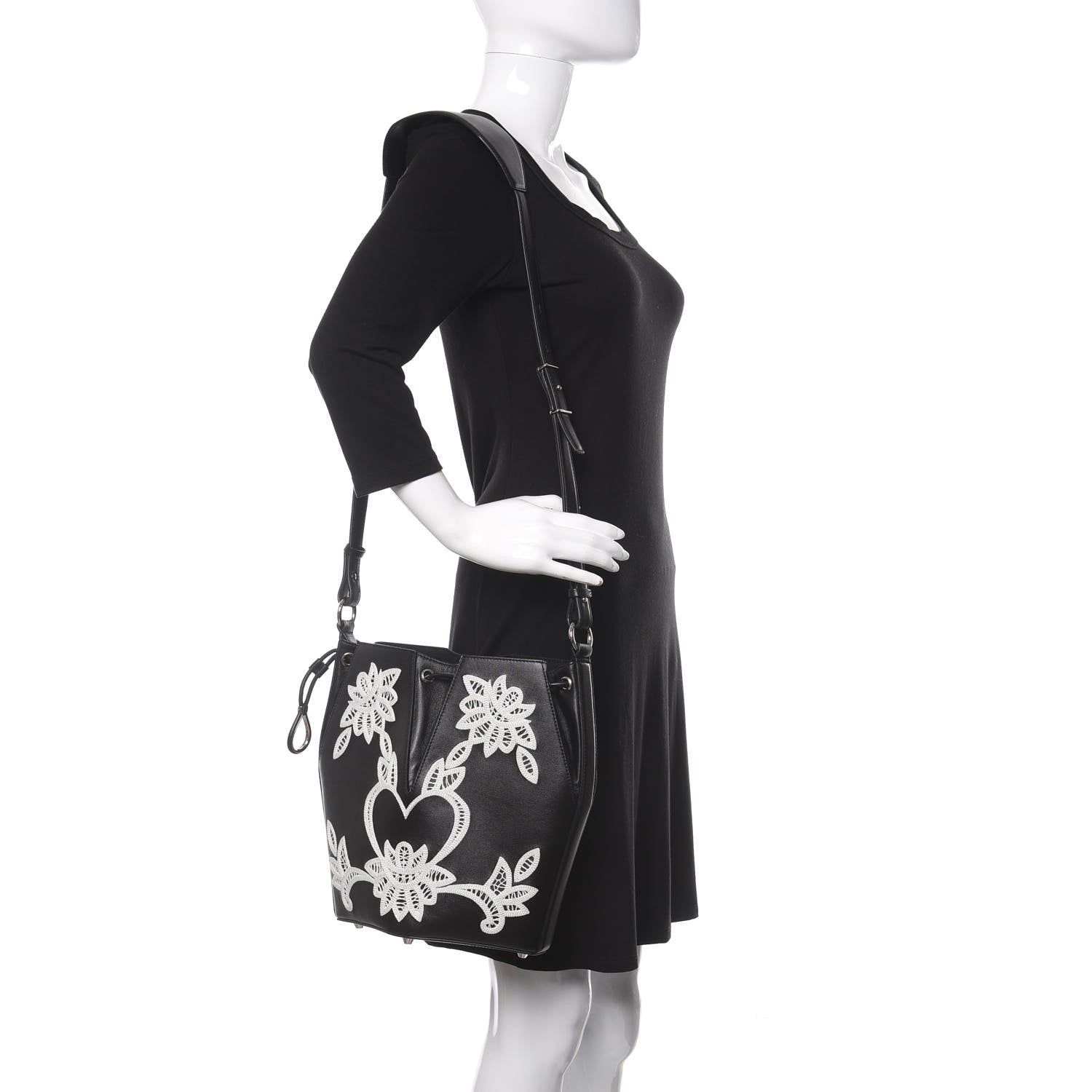 Alexander McQueen Calfskin Embroidered Bucket Bag Black White 2 of 10