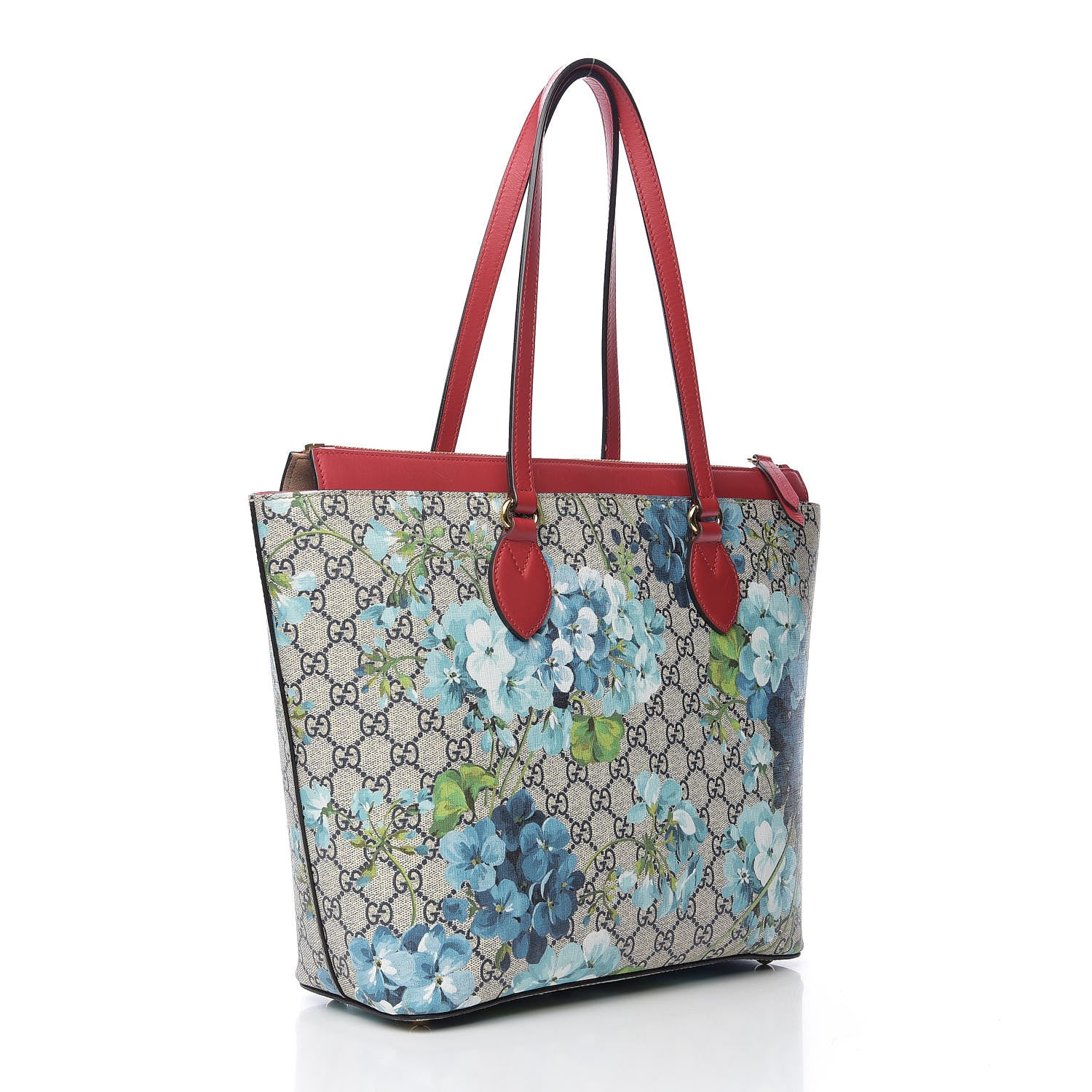 Gucci GG Supreme Monogram Blooms Medium Zippered Bucket Tote Beige Blue Navy Hibiscus Red 2 of 9