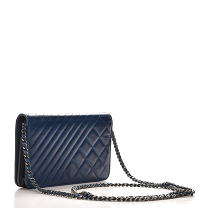Chanel Glazed Calfskin Quilted Coco Boy Wallet On Chain WOC Blue 3 of 9