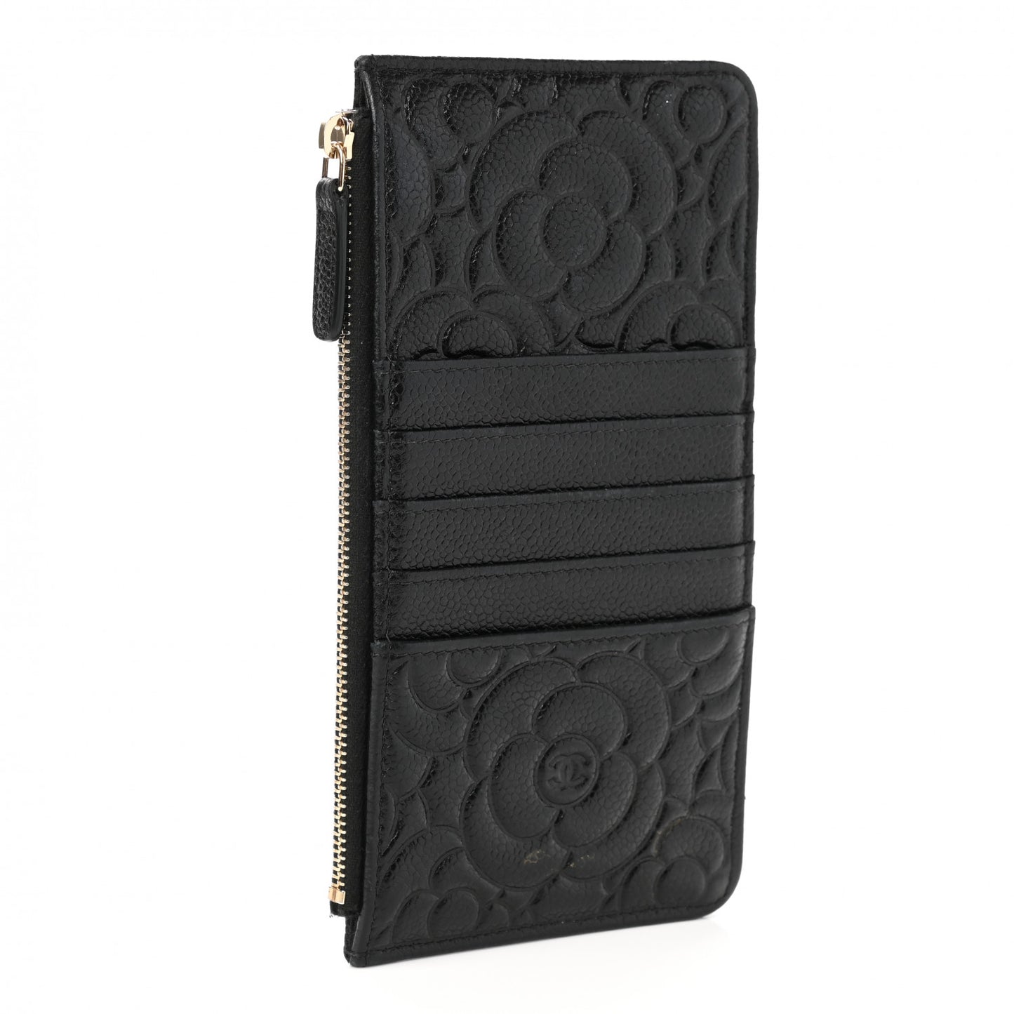 Caviar Camellia Embossed Classic Flat Wallet Pouch Black