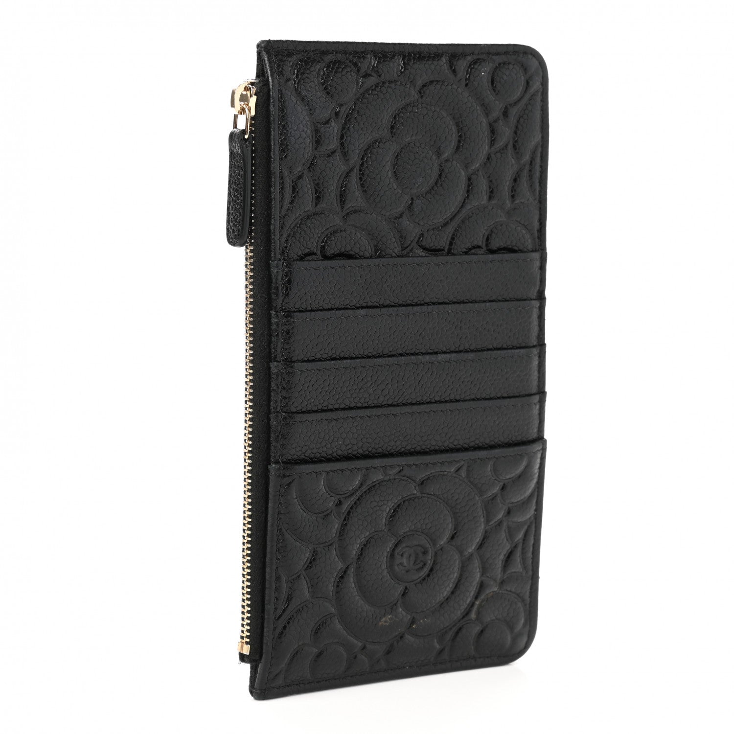 Chanel Caviar Camellia Embossed Classic Flat Wallet Pouch Black 2 of 8