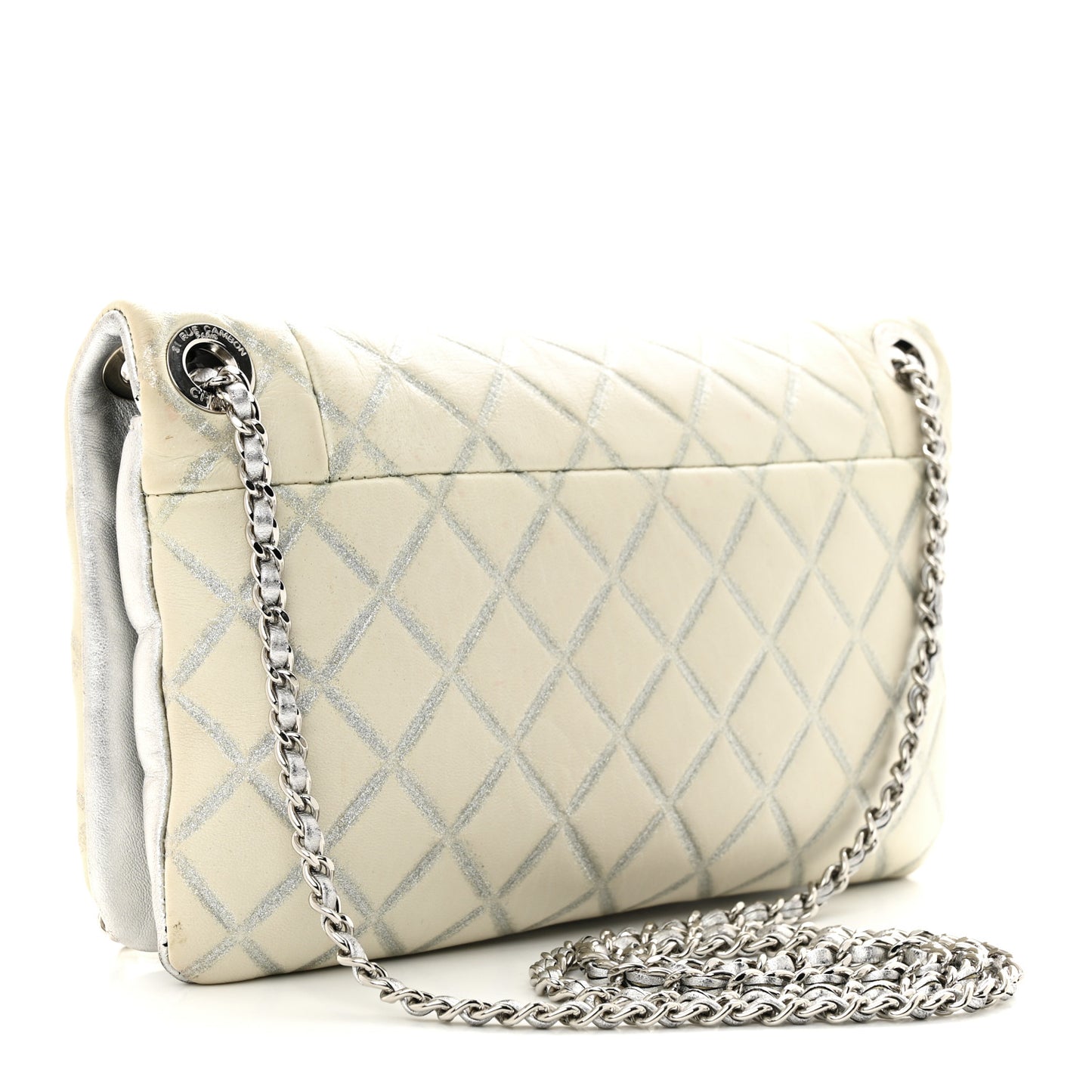 Metallic Distressed Lambskin Quilted CC Flap Ivory
