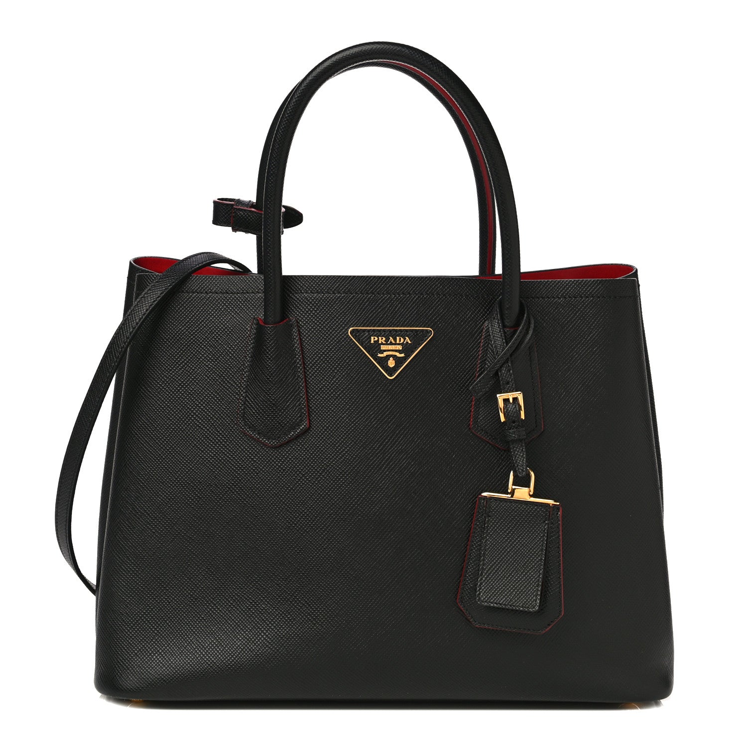 Prada Saffiano Cuir Medium Double Bag Black Fuoco 1 of 9