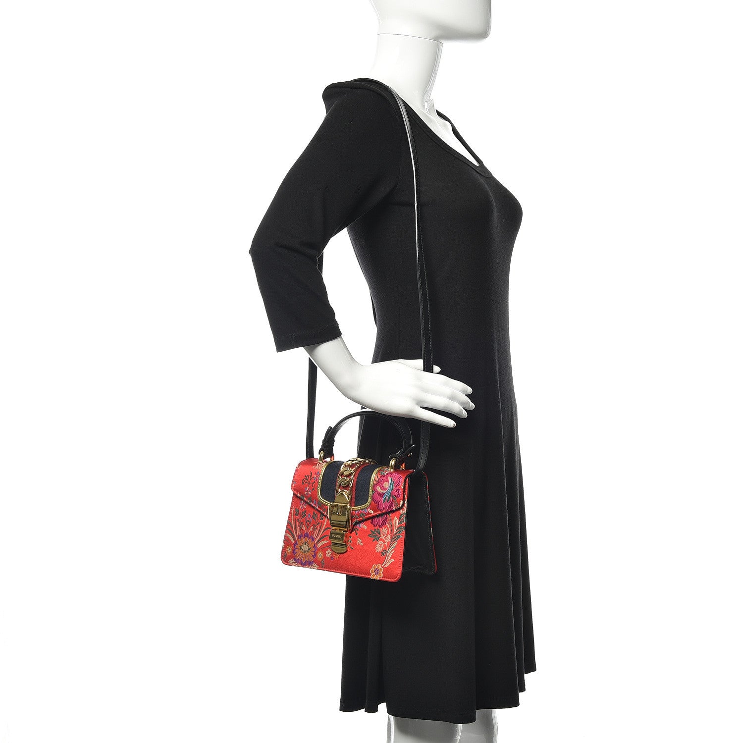 Gucci Jacquard Floral Mini Sylvie Top Handle Bag Red Multicolor Black 2 of 13