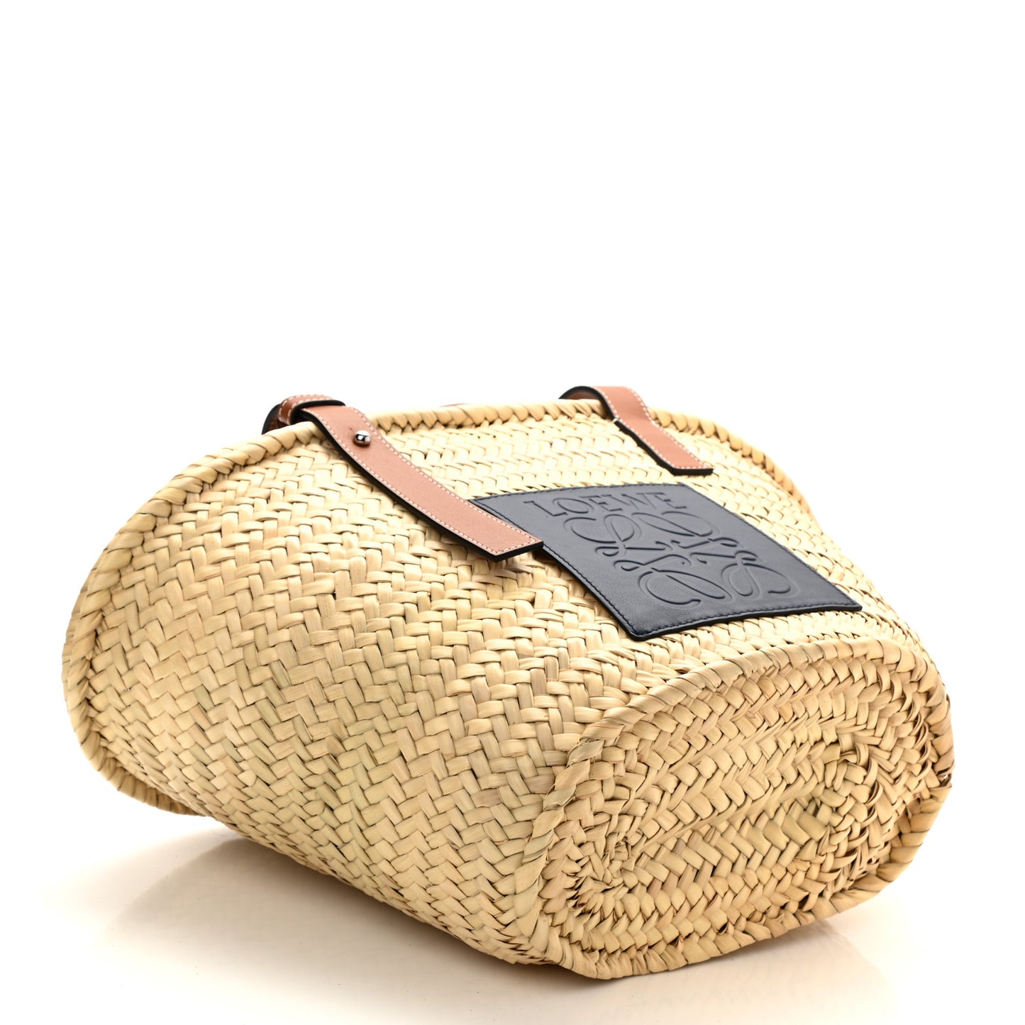 Raffia Small Basket Tote Bag Natural Tan Navy