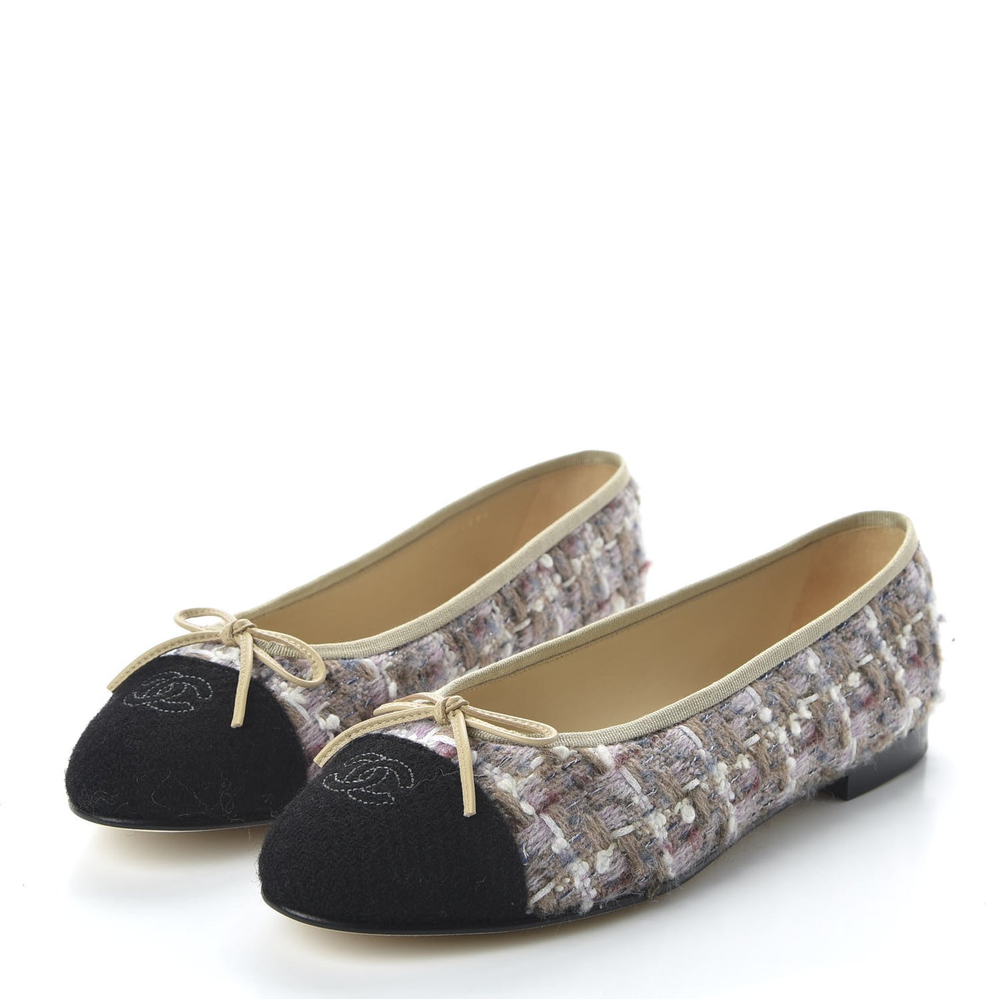 Tweed Cap Toe Ballerina Flats 41 Pink Beige Black