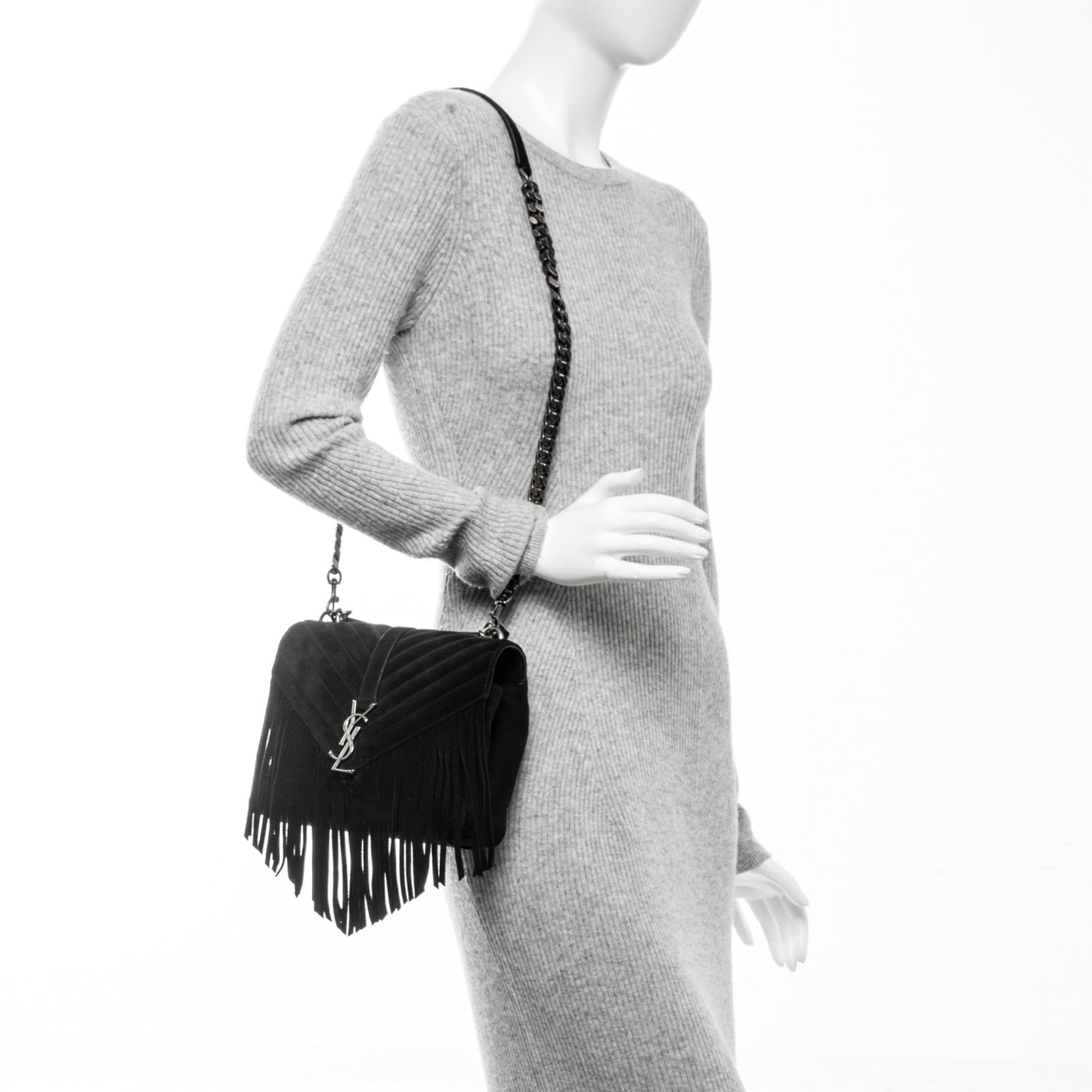 Suede Matelasse Chevron Fringe Monogram Medium College Bag Black