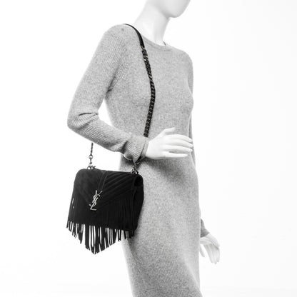 Saint Laurent Suede Matelasse Chevron Fringe Monogram Medium College Bag Black 2 of 6
