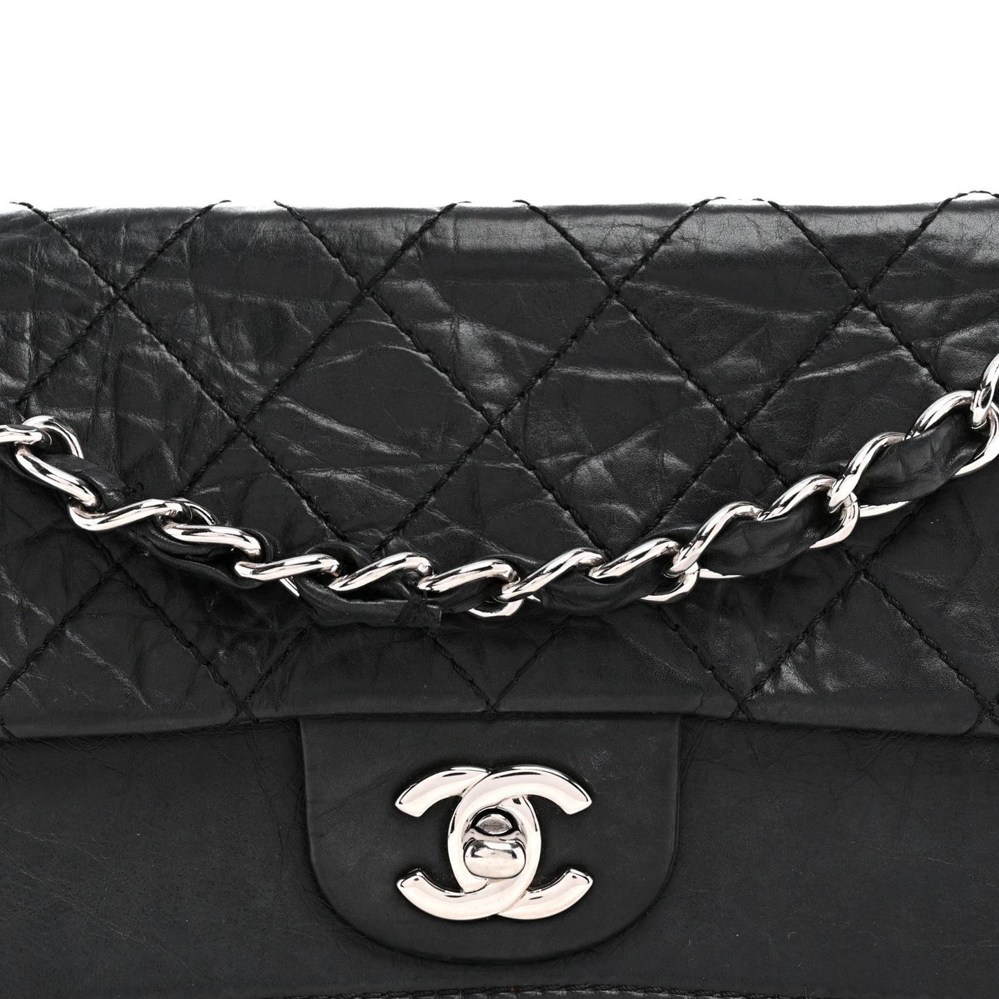 Aged Calfskin Quilted Medium Double Flap Black