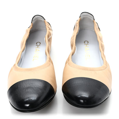 Chanel Lambskin Shiny Goatskin Calfskin Ballerina Flats 39.5 Beige Black 3 of 10