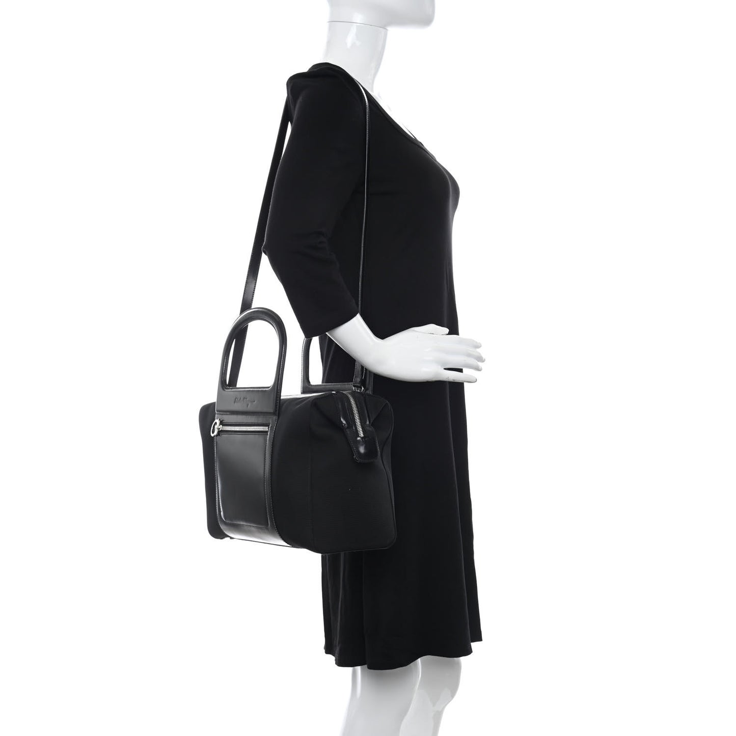Calfskin Canvas Top Handle Bag Black