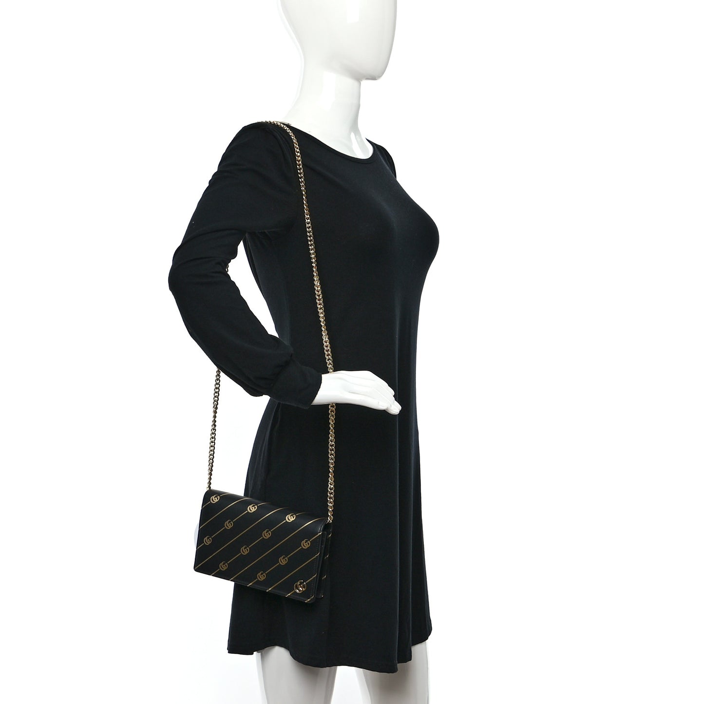 Calfskin Diagonal GG Mini Chain Wallet Black Gold