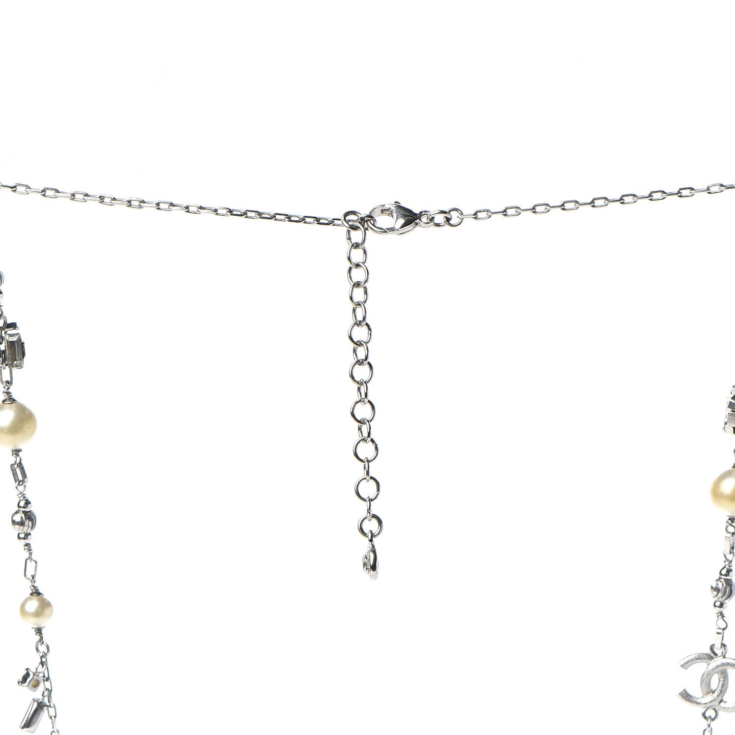 Pearl Baguette Crystal CC Long Necklace Silver