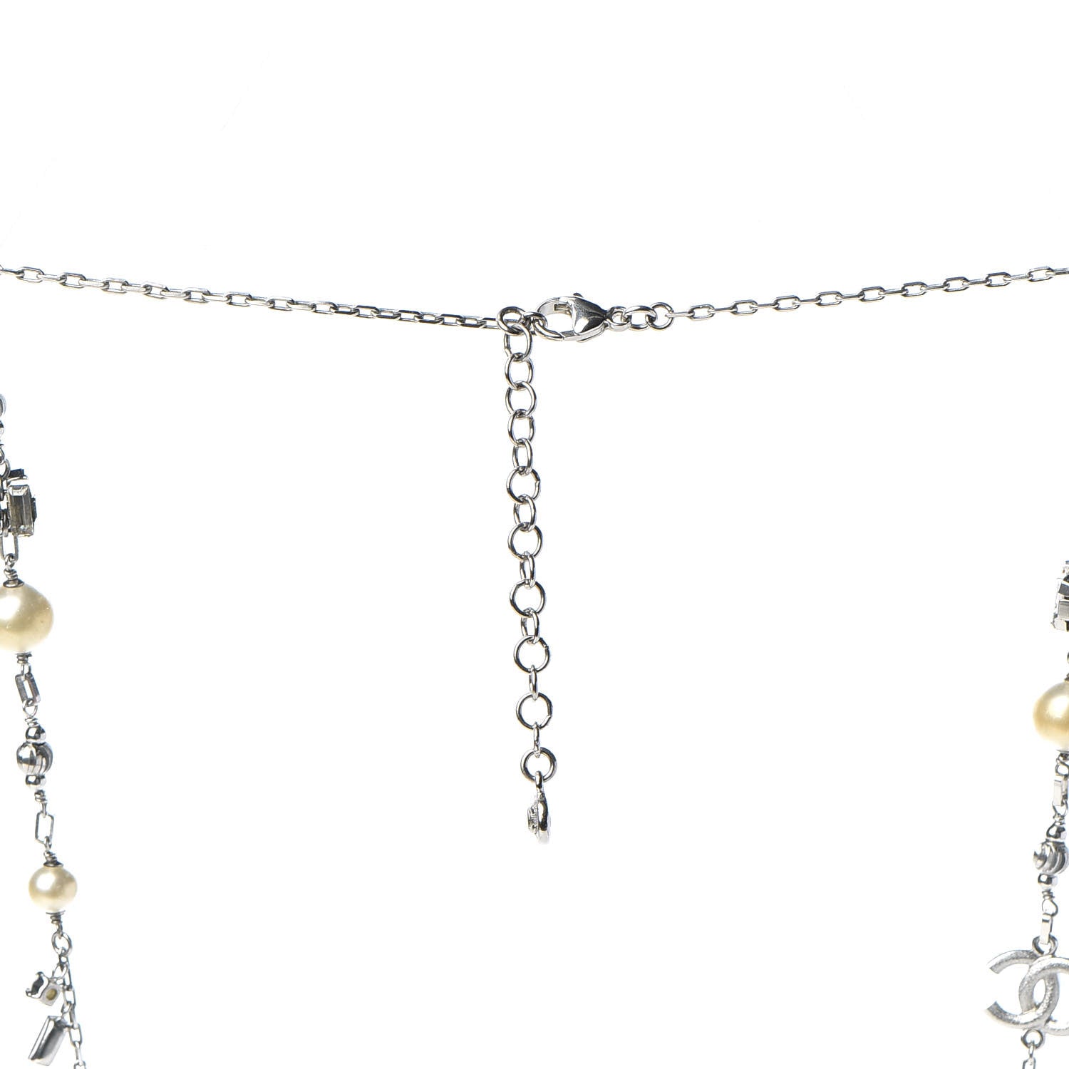 Chanel Pearl Baguette Crystal CC Long Necklace Silver 5 of 6
