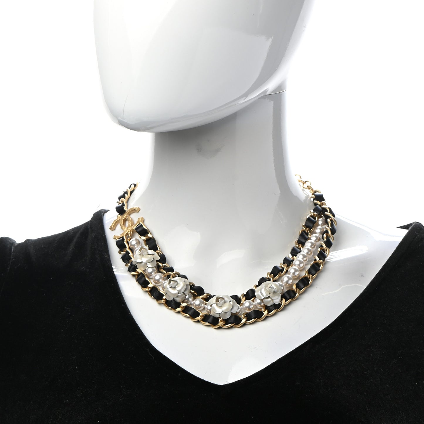 Calfskin Pearl Chain 90's Camellia CC Choker Necklace Gold Black