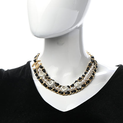 Chanel Calfskin Pearl Chain 90's Camellia CC Choker Necklace Gold Black 2 of 7