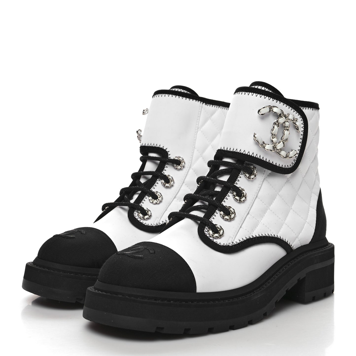 Fabric Grosgrain Quilted Cap Toe Lace Up Combat Boots 36.5 White Black