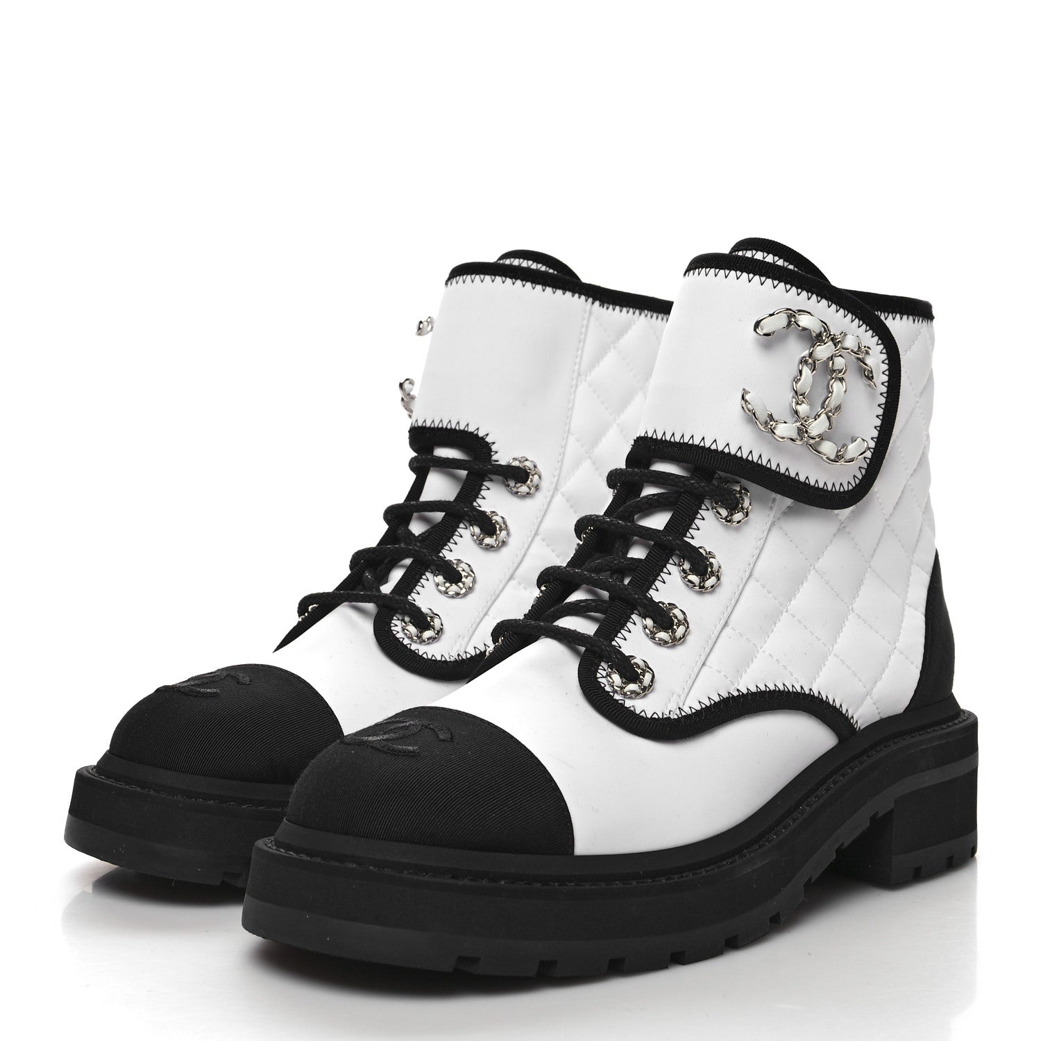 Chanel Fabric Grosgrain Quilted Cap Toe Lace Up Combat Boots 36.5 White Black 3 of 8