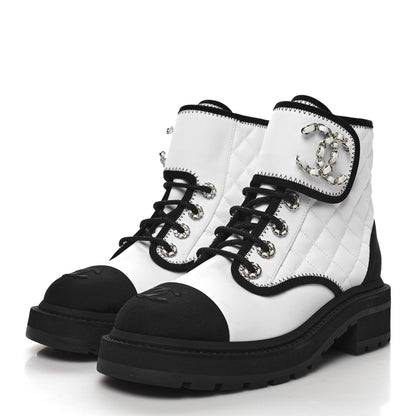Chanel Fabric Grosgrain Quilted Cap Toe Lace Up Combat Boots 36.5 White Black 3 of 8