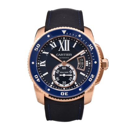 Cartier 18K Pink Gold Rubber 42mm Calibre de Cartier Diver Automatic Watch Blue 1 of 6