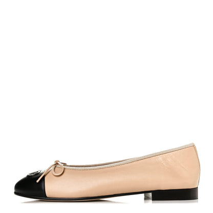 Chanel Lambskin Cap Toe CC Ballerina Flats 37.5 Beige Black 1 of 8