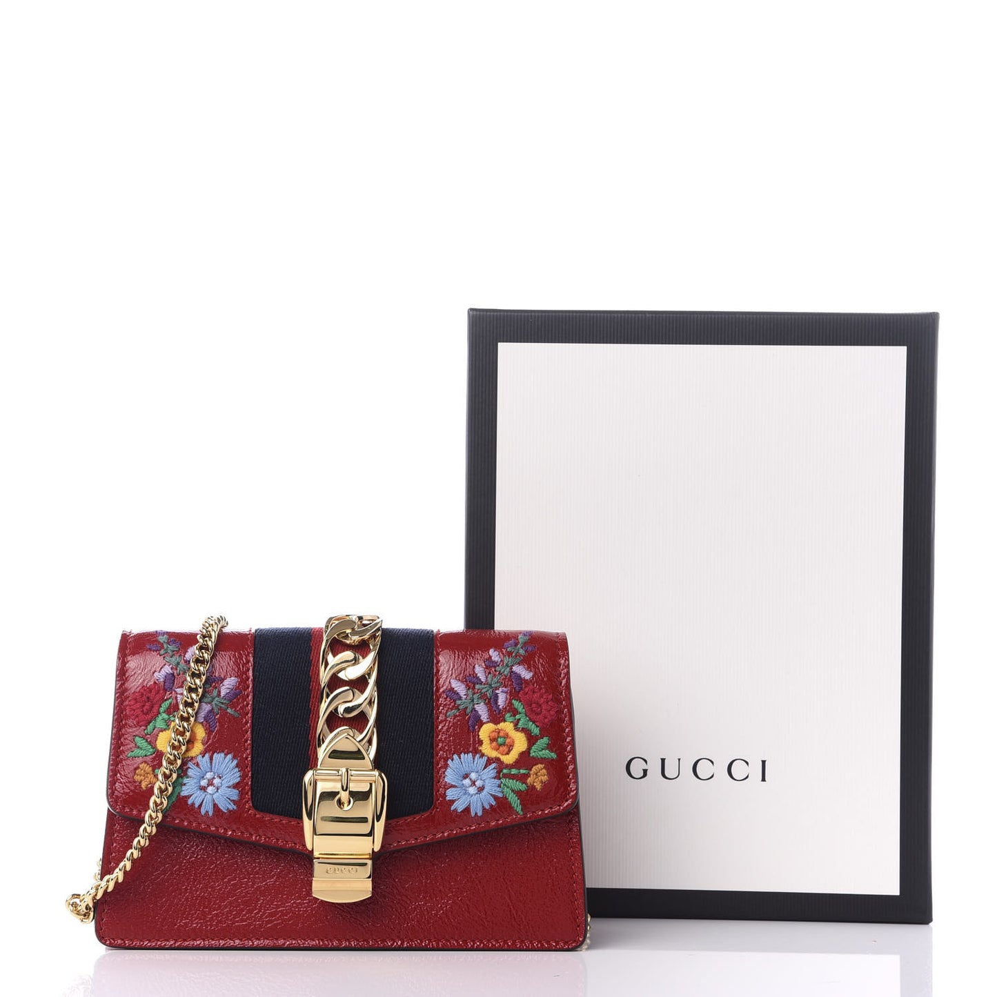 Patent Embroidered Super Mini Sylvie Chain Shoulder Bag Red