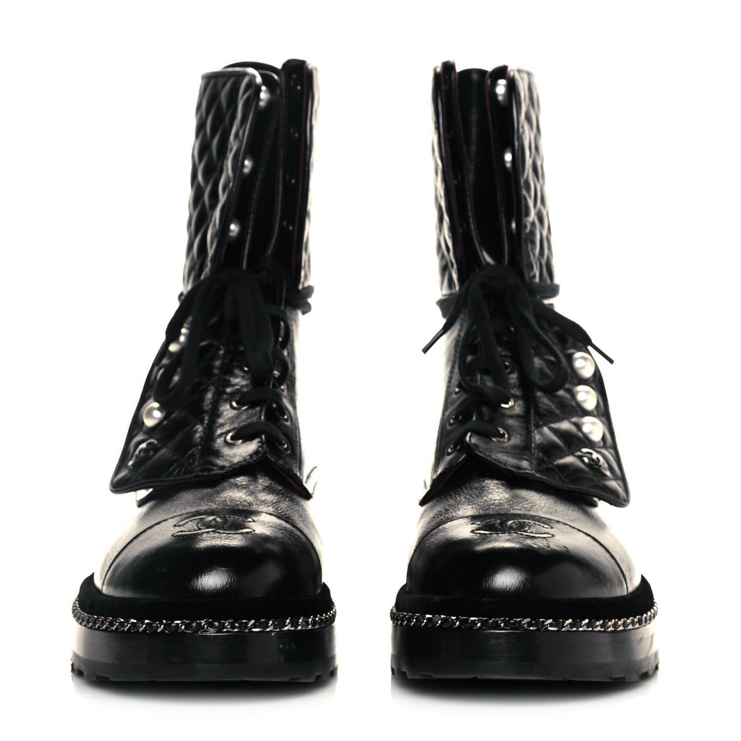 Crackled Calfskin Velvet Pearl Combat Ankle Boots 39.5 Black