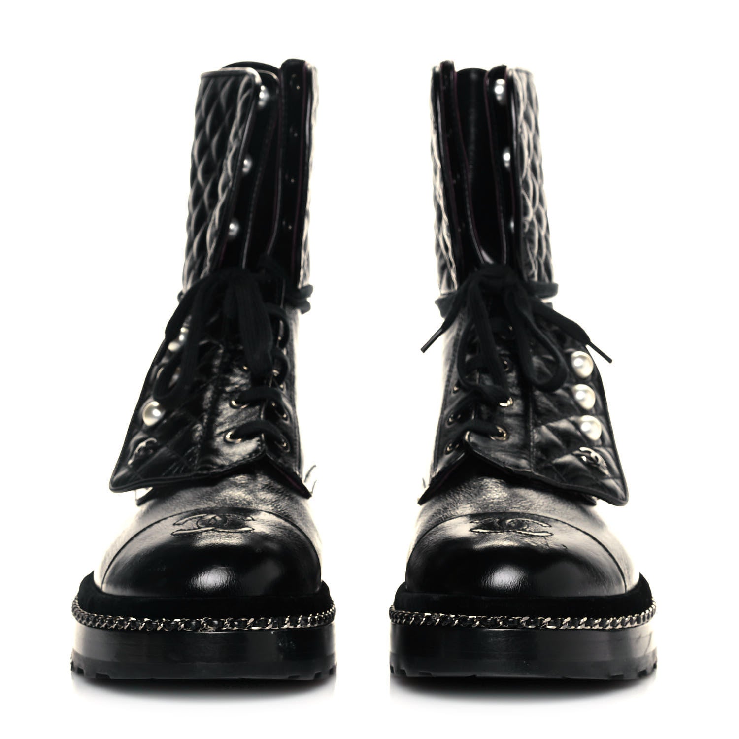 Chanel Crackled Calfskin Velvet Pearl Combat Ankle Boots 39.5 Black 2 of 8