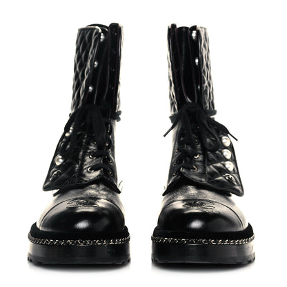 Chanel Crackled Calfskin Velvet Pearl Combat Ankle Boots 39.5 Black 2 of 8