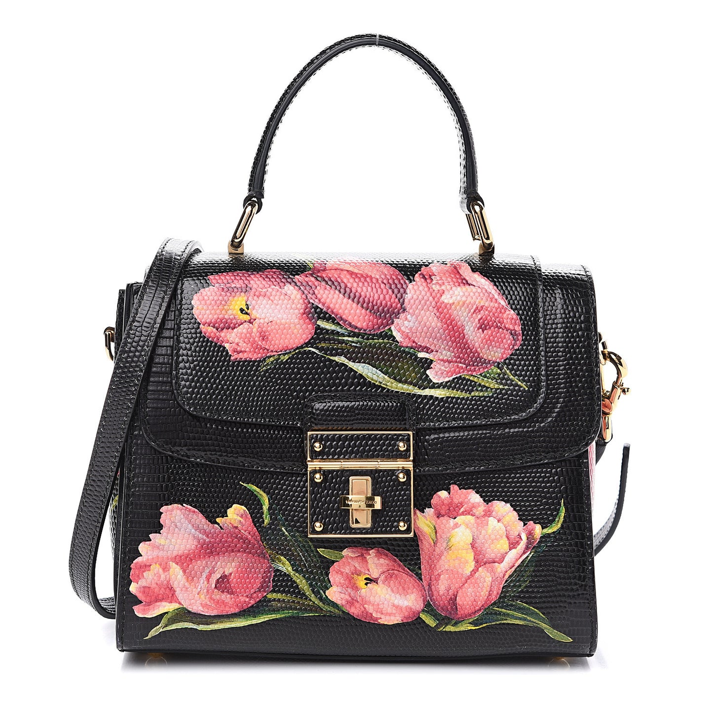 Iguana Calfskin Embossed Tulipani Mini Top Handle Bag Black Rosa