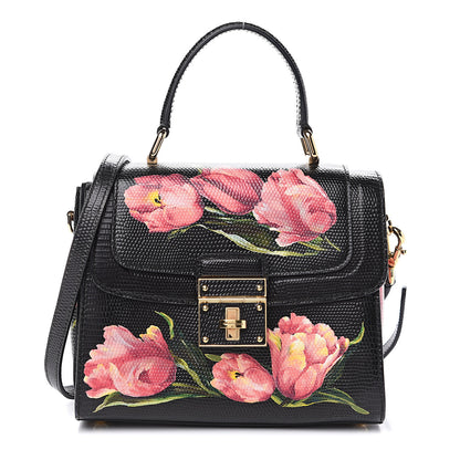 Dolce & Gabbana Iguana Calfskin Embossed Tulipani Mini Top Handle Bag Black Rosa 1 of 10