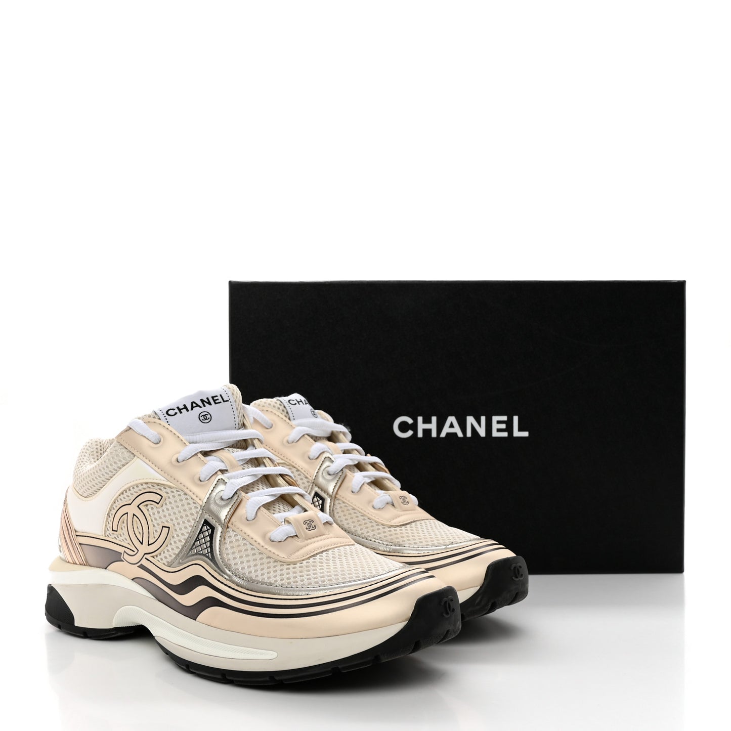 Fabric Laminated Calfskin Stretch CC Womens Sneakers 39.5 White Gold Silver