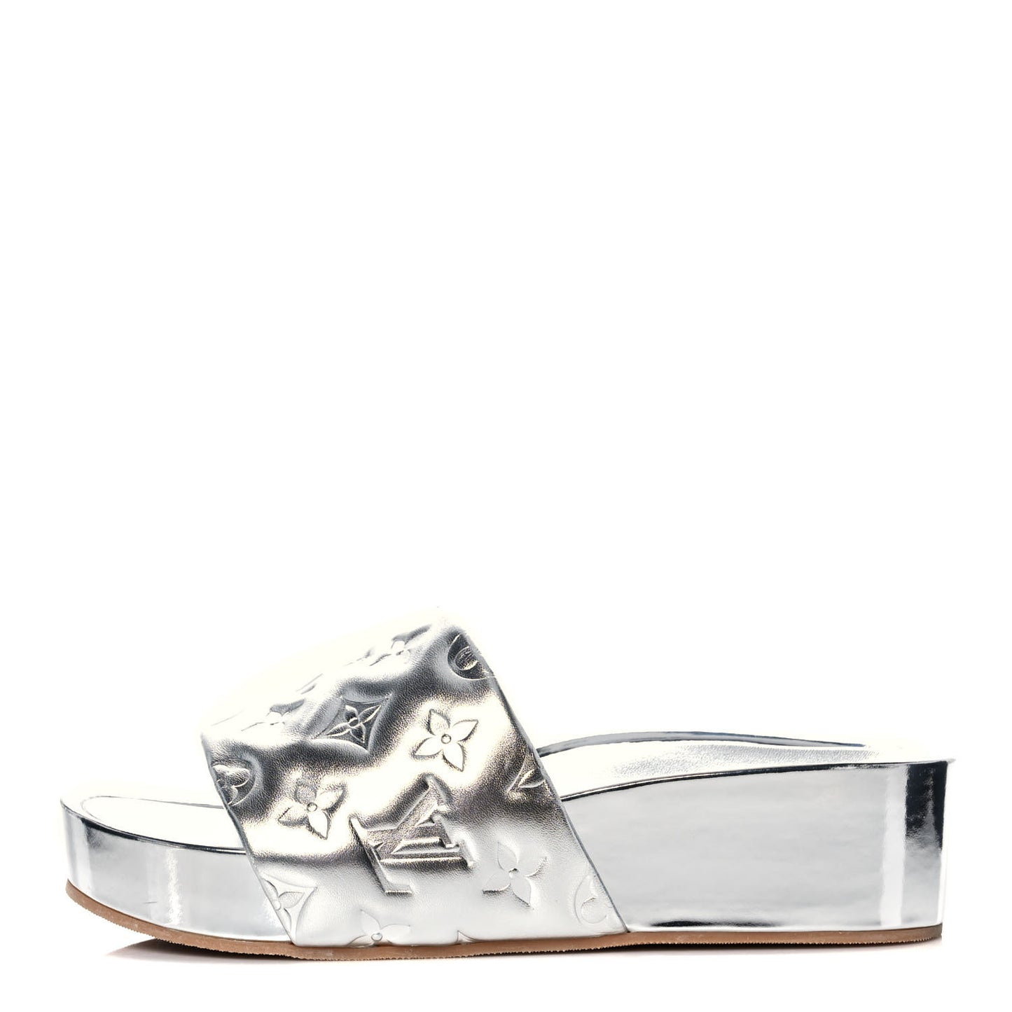 Metallic Lambskin Embossed Monogram Jumbo Flatform Mule Sandals 37 Silver